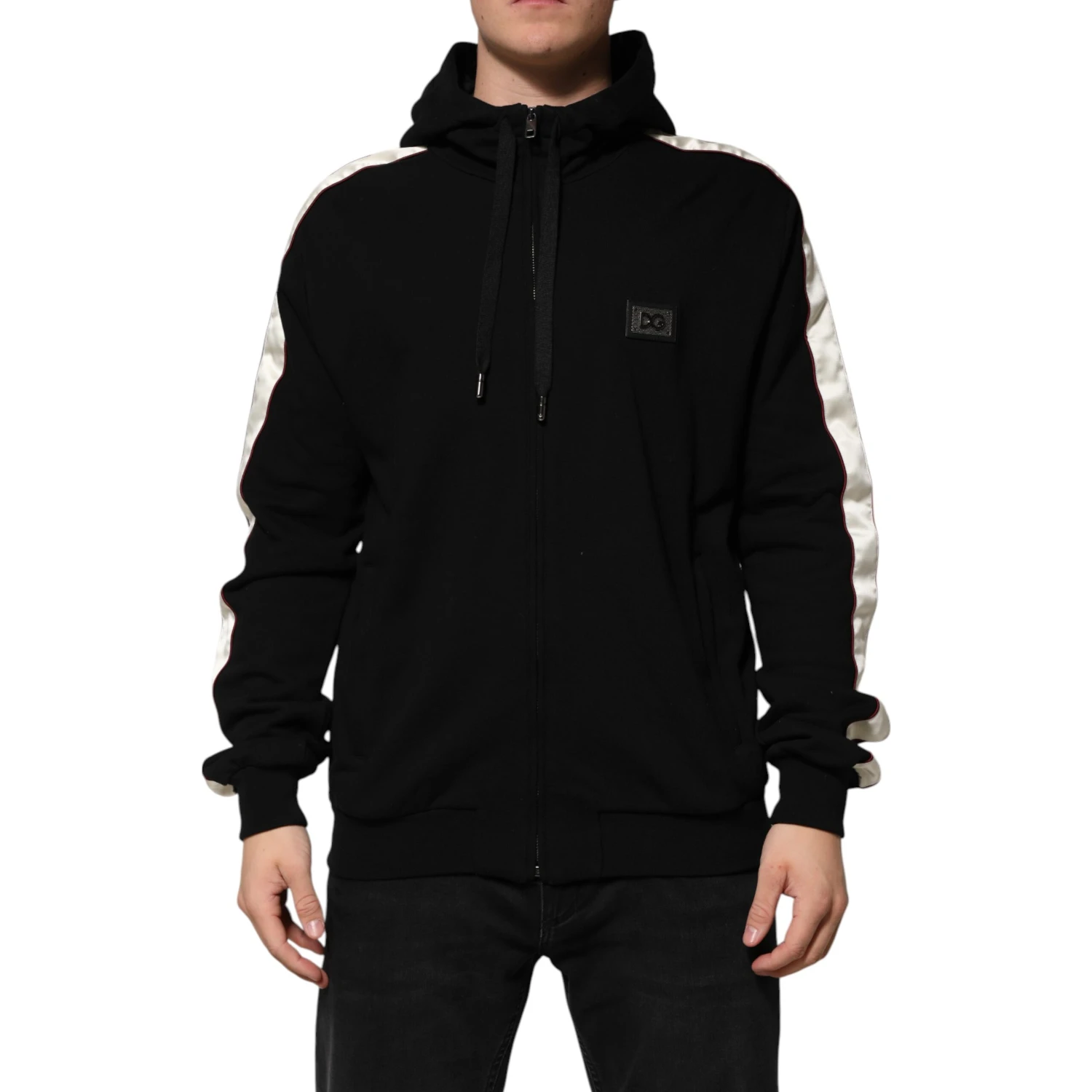 Black Cotton Plaque Track Cardigan Sweater