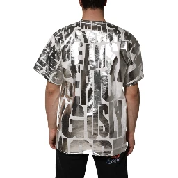 White Cotton Silver Metallic Slogan Print T-shirt