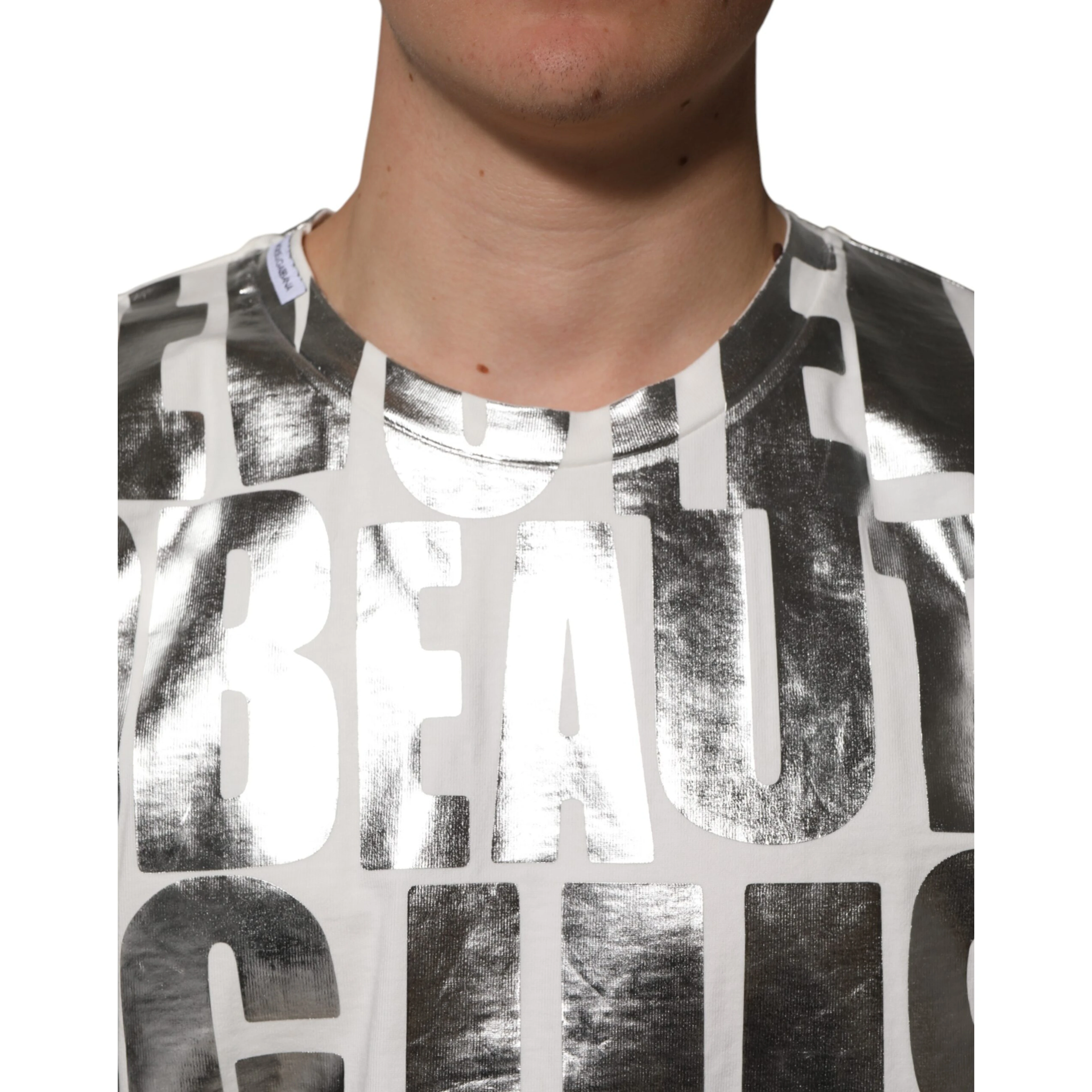 White Cotton Silver Metallic Slogan Print T-shirt