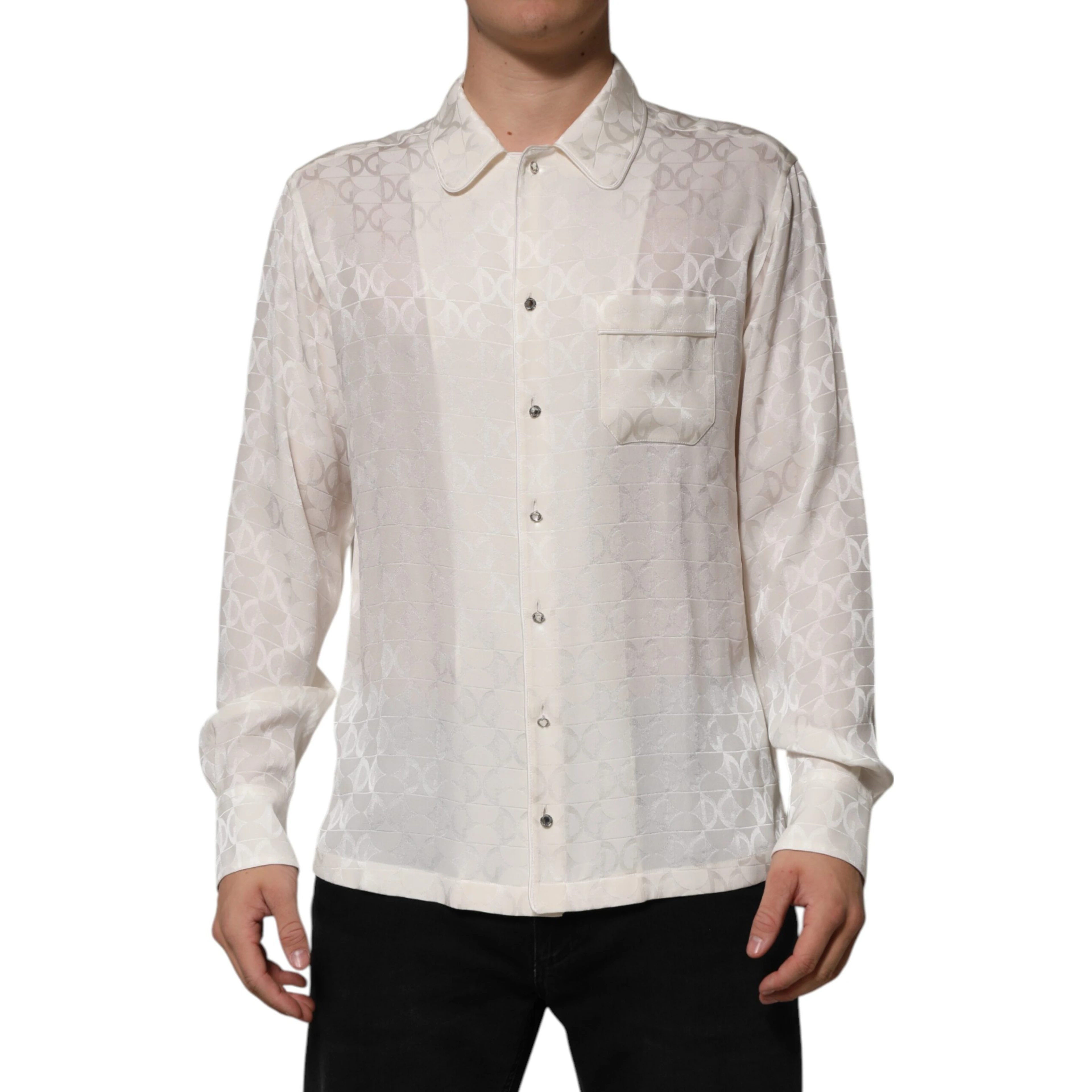 White Silk DG Logo Print Long Sleeves Shirt