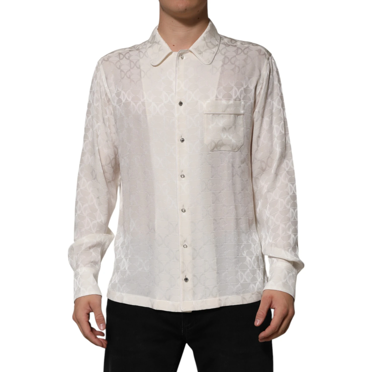 White Silk DG Logo Print Long Sleeves Shirt