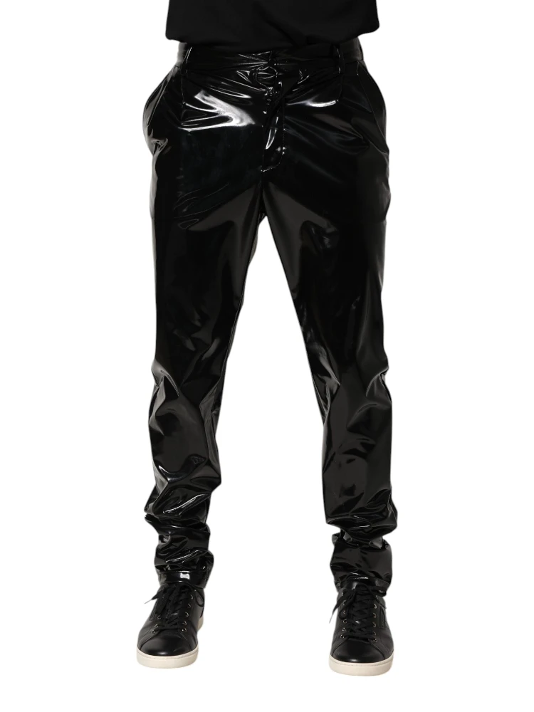 Black Polyester Mid Waist Men Trouser Pants