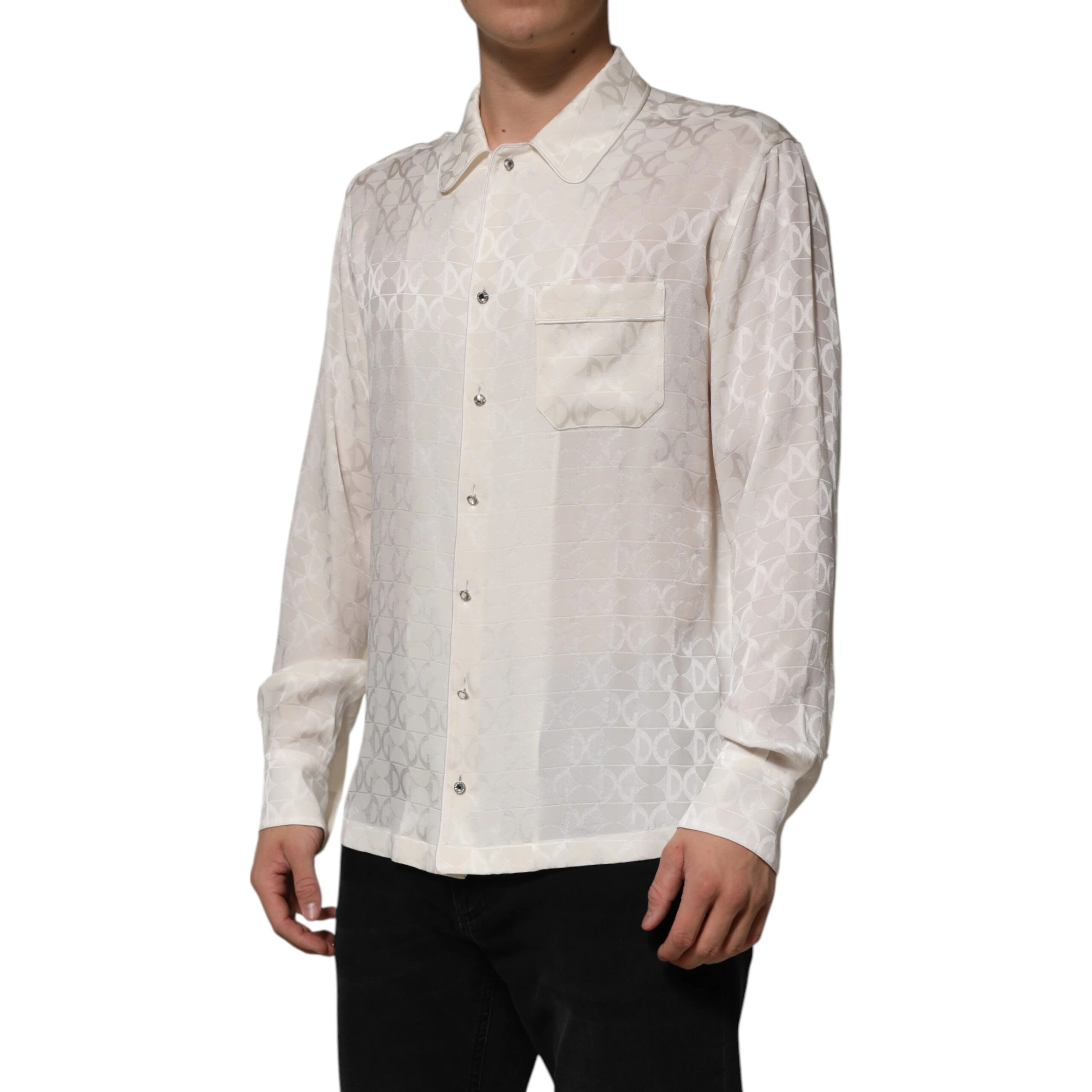 White Silk DG Logo Print Long Sleeves Shirt