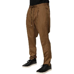 Brown Cotton Chino Mid Waist Men Jogger Pants