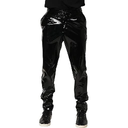 Black Polyester Mid Waist Men Trouser Pants