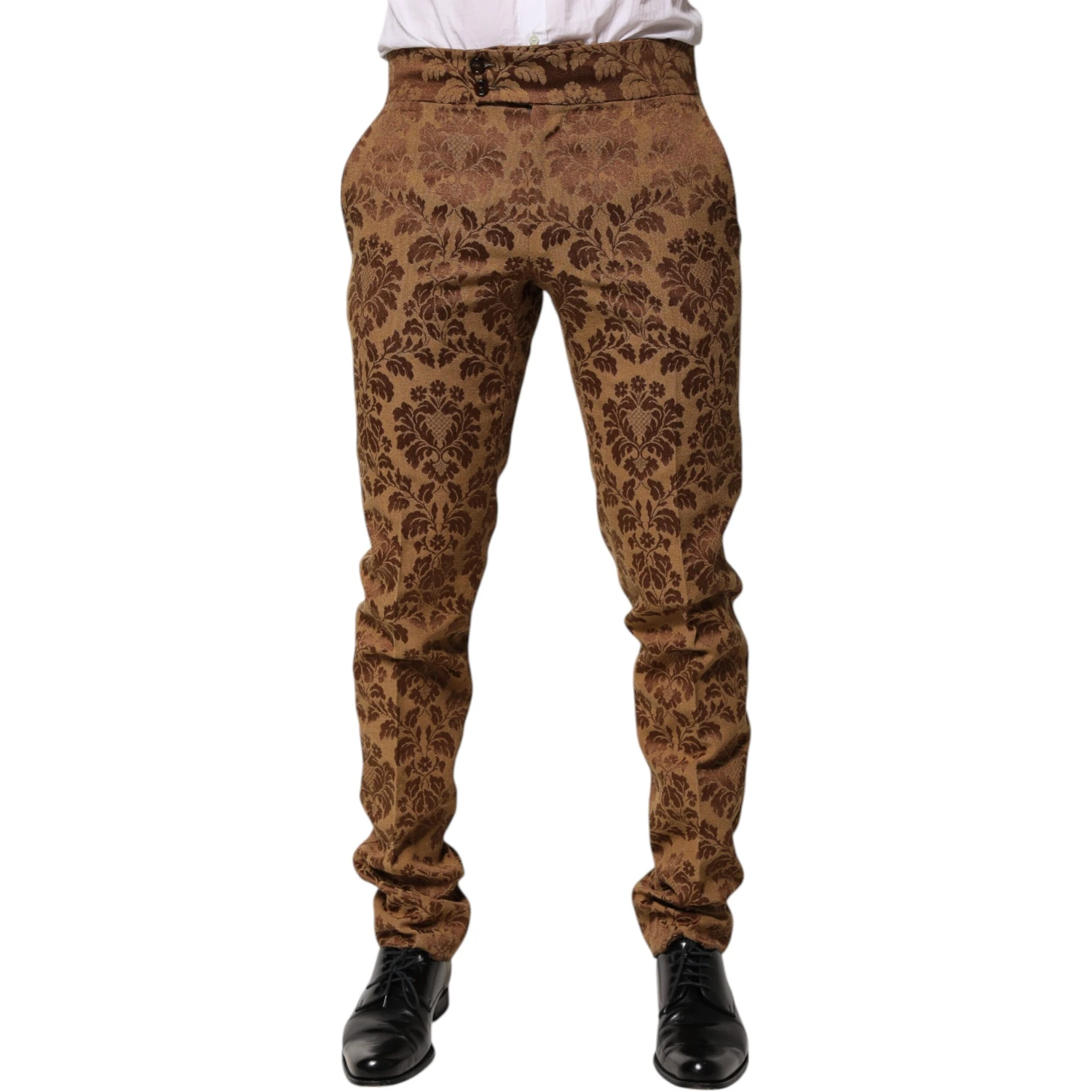 Brown Floral Jacquard Men Skinny Trouser Pants