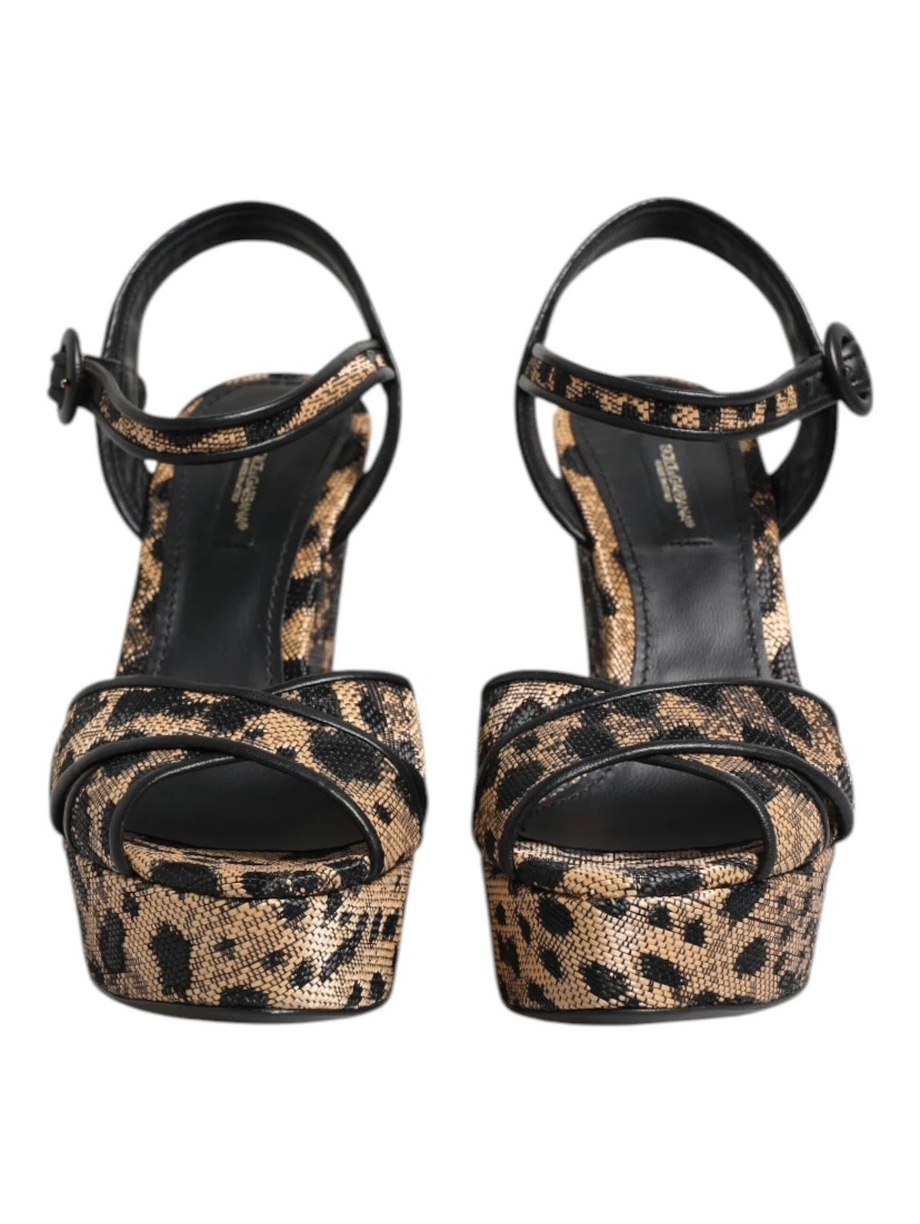 Brown Leopard Wedges Ankle Strap Sandals Shoes