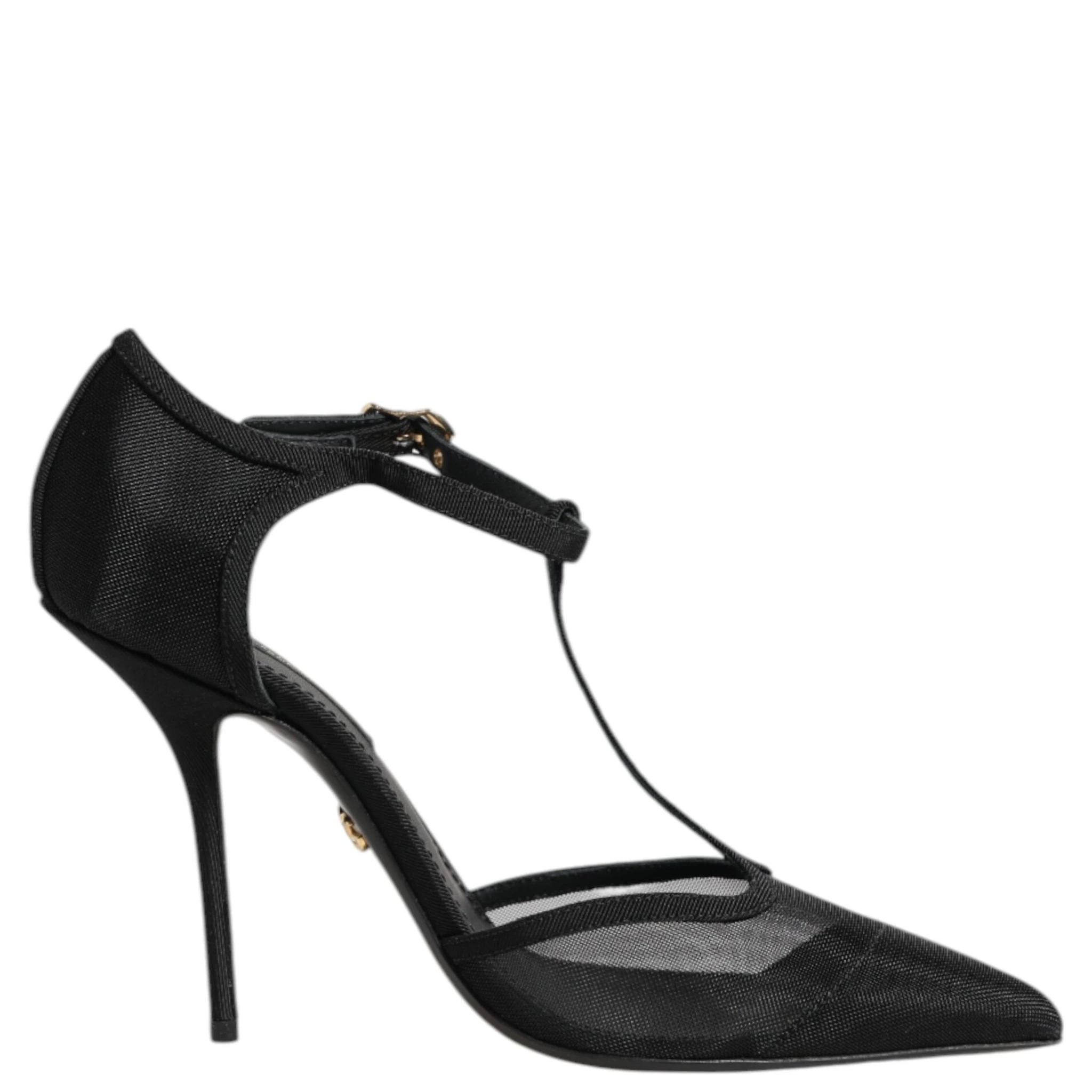 Black Mesh T-strap Stiletto High Heels Shoes