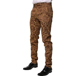 Brown Floral Jacquard Men Skinny Trouser Pants