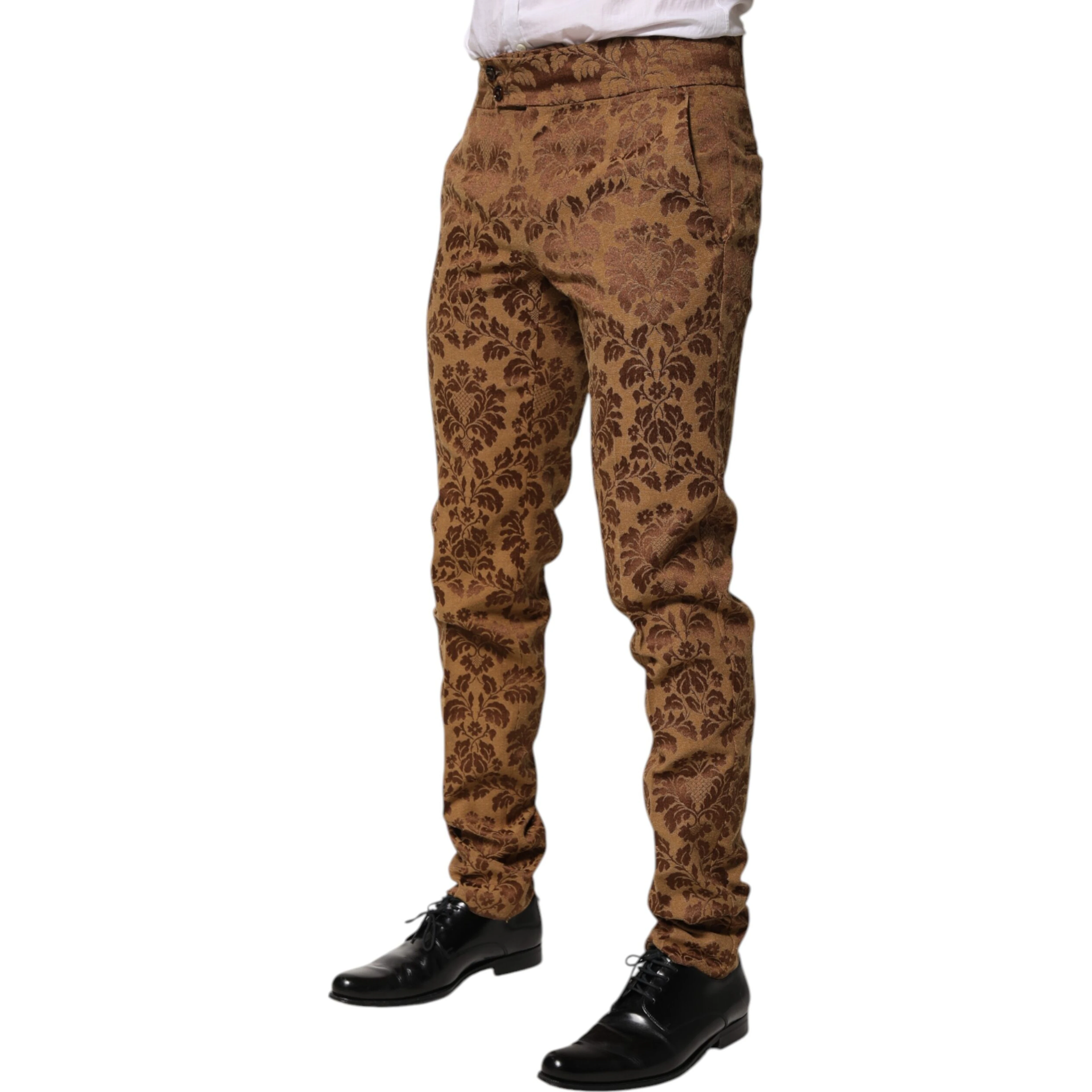 Brown Floral Jacquard Men Skinny Trouser Pants