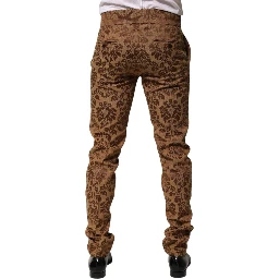 Brown Floral Jacquard Men Skinny Trouser Pants