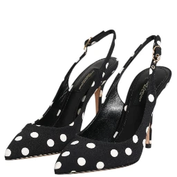 Black White Dotted Stiletto Slingback Shoes