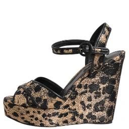 Brown Leopard Wedges Ankle Strap Sandals Shoes