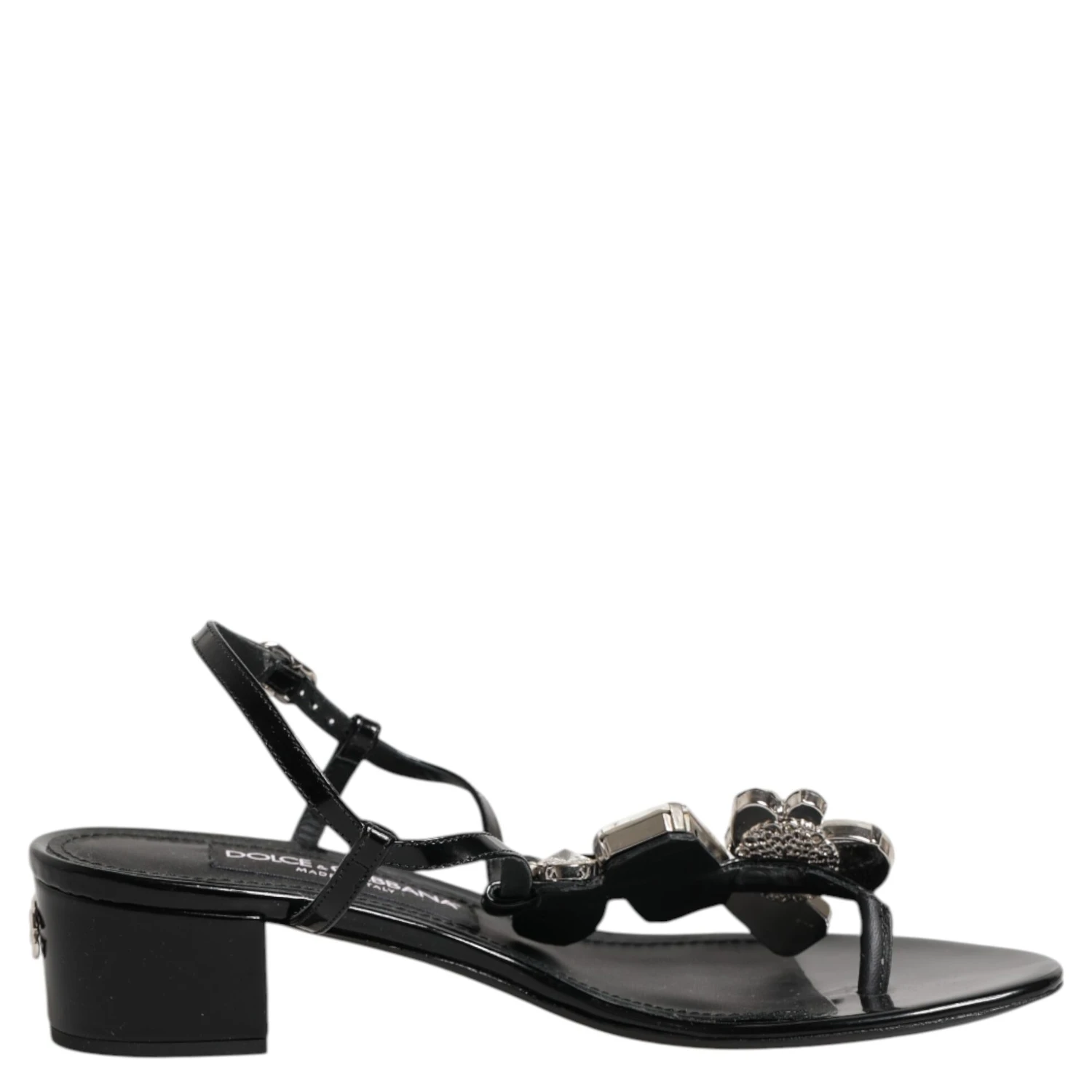 Black Leather Crystal Ankle Strap Sandals Shoes