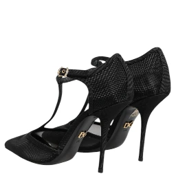 Black Mesh T-strap Stiletto High Heels Shoes