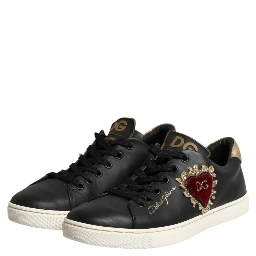 Black Leather Sacred Heart Sneakers Shoes