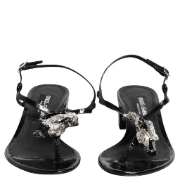 Black Leather Crystal Ankle Strap Sandals Shoes