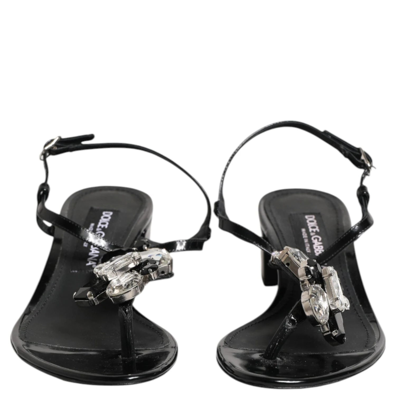 Black Leather Crystal Ankle Strap Sandals Shoes