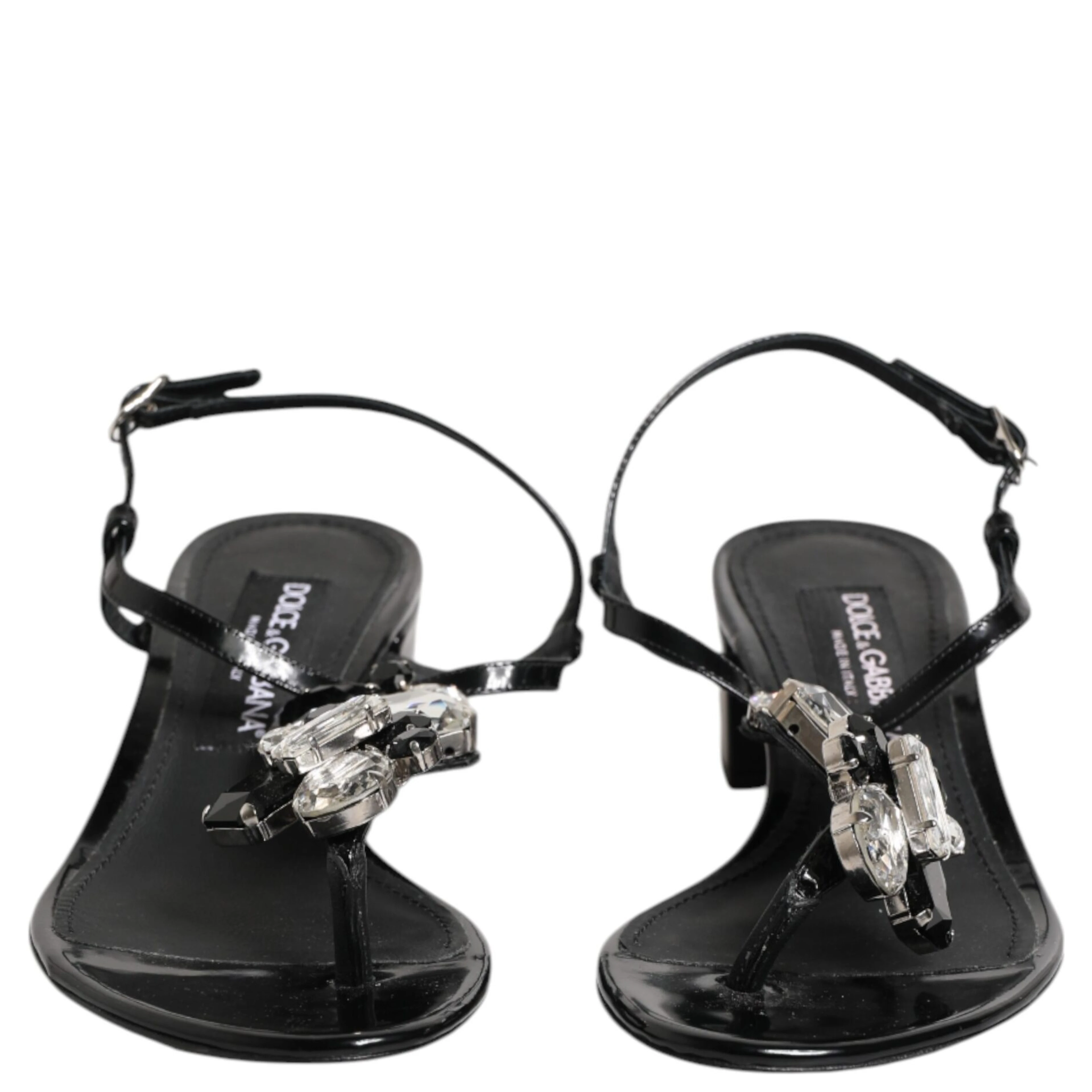 Black Leather Crystal Ankle Strap Sandals Shoes