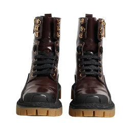 Maroon Leather Mid Calf Biker Boots Shoes