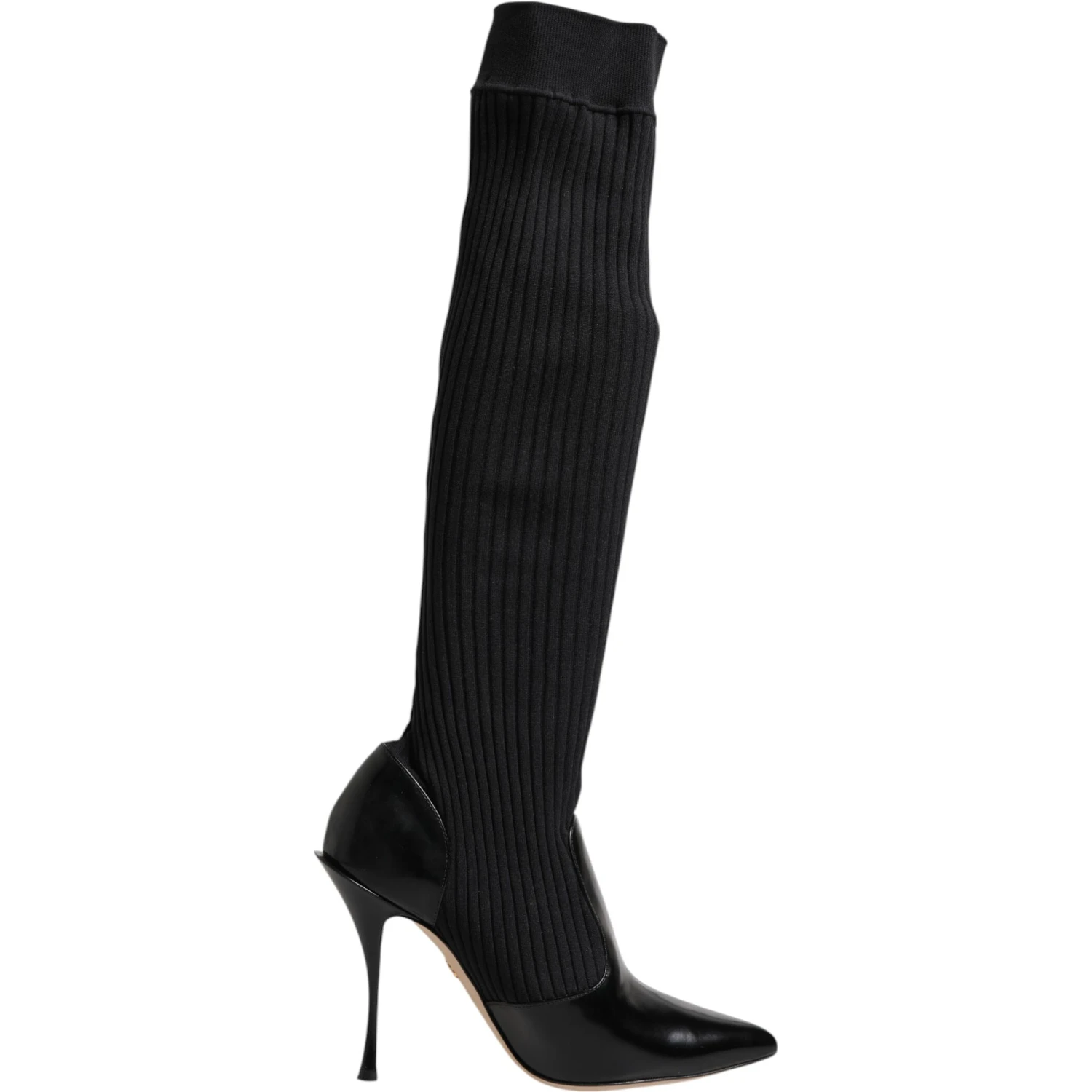 Black Leather Ribbed Knit Knee Boots Shoes