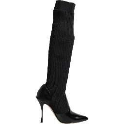Black Leather Ribbed Knit Knee Boots Shoes