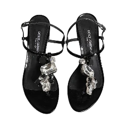 Black Leather Crystal Ankle Strap Sandals Shoes