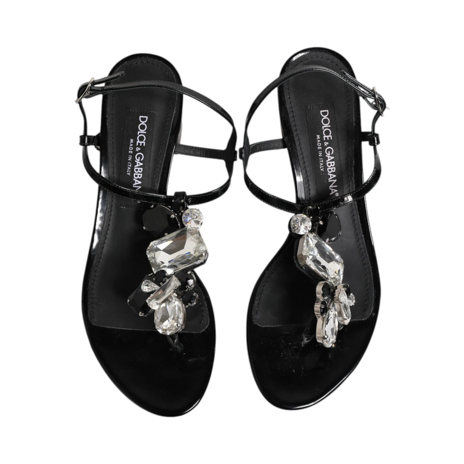 Black Leather Crystal Ankle Strap Sandals Shoes