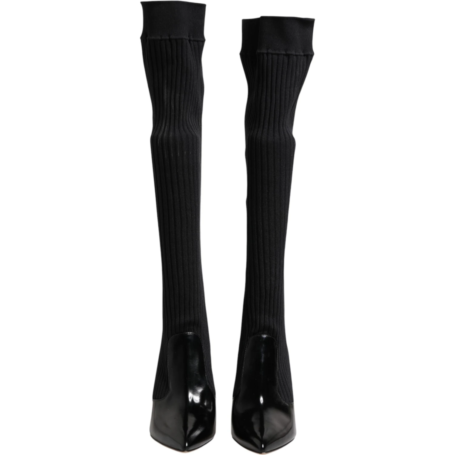 Black Leather Ribbed Knit Knee Boots Shoes