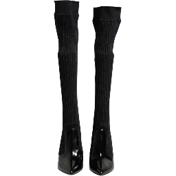 Black Leather Ribbed Knit Knee Boots Shoes