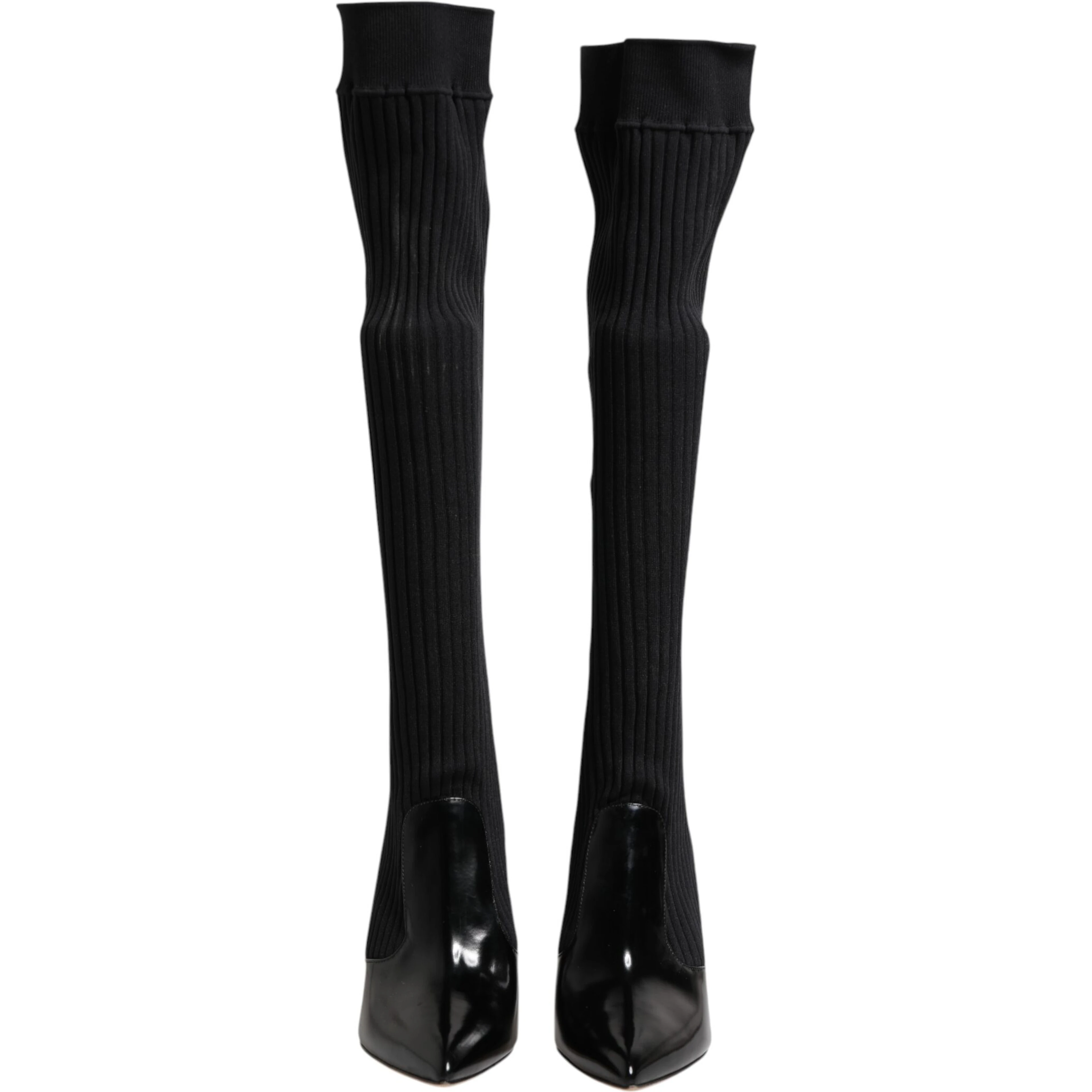 Black Leather Ribbed Knit Knee Boots Shoes