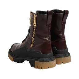 Maroon Leather Mid Calf Biker Boots Shoes