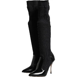 Black Leather Ribbed Knit Knee Boots Shoes