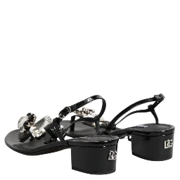 Black Leather Crystal Ankle Strap Sandals Shoes