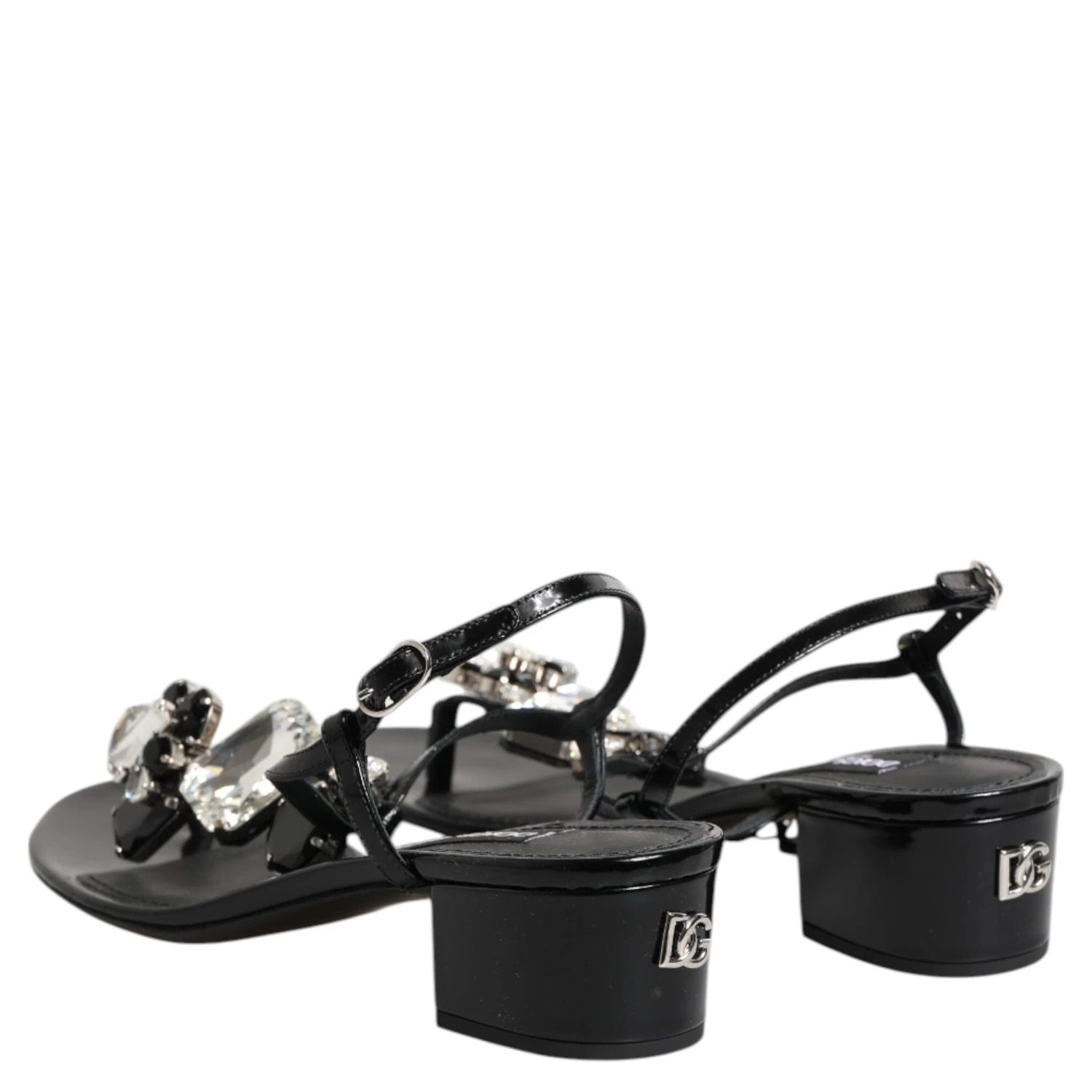Black Leather Crystal Ankle Strap Sandals Shoes