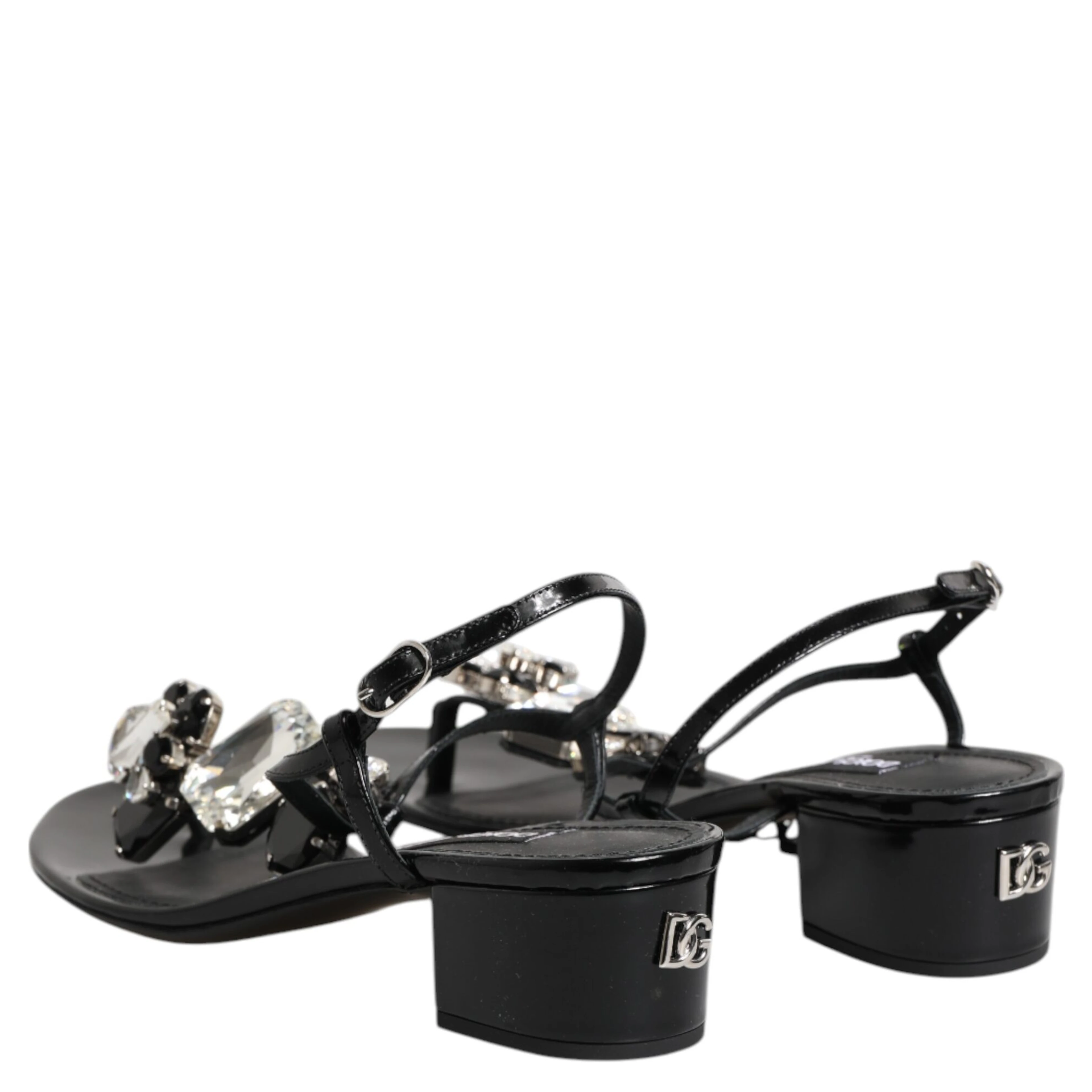 Black Leather Crystal Ankle Strap Sandals Shoes