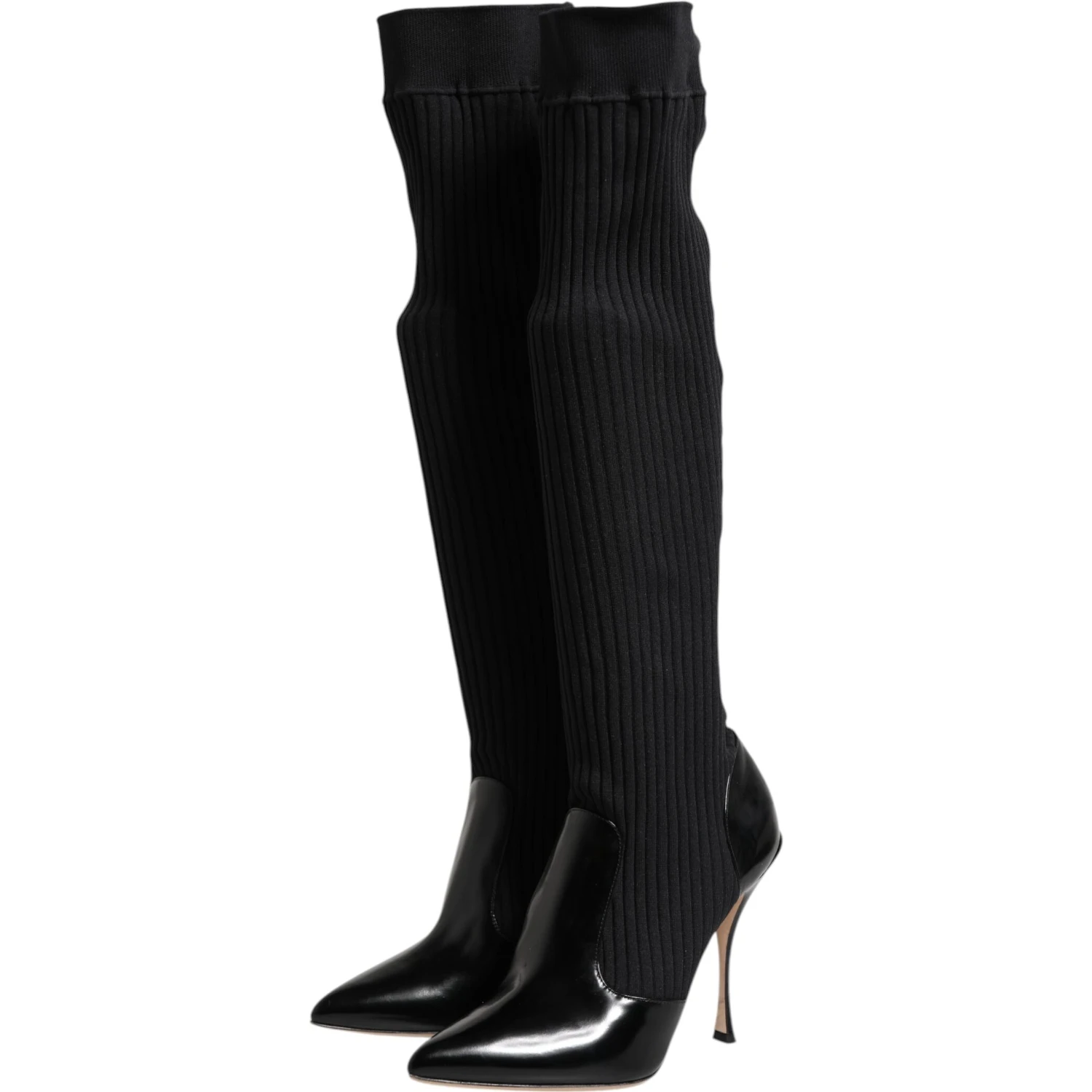 Black Leather Ribbed Knit Knee Boots Shoes