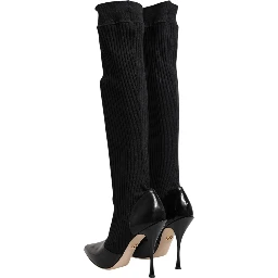 Black Leather Ribbed Knit Knee Boots Shoes