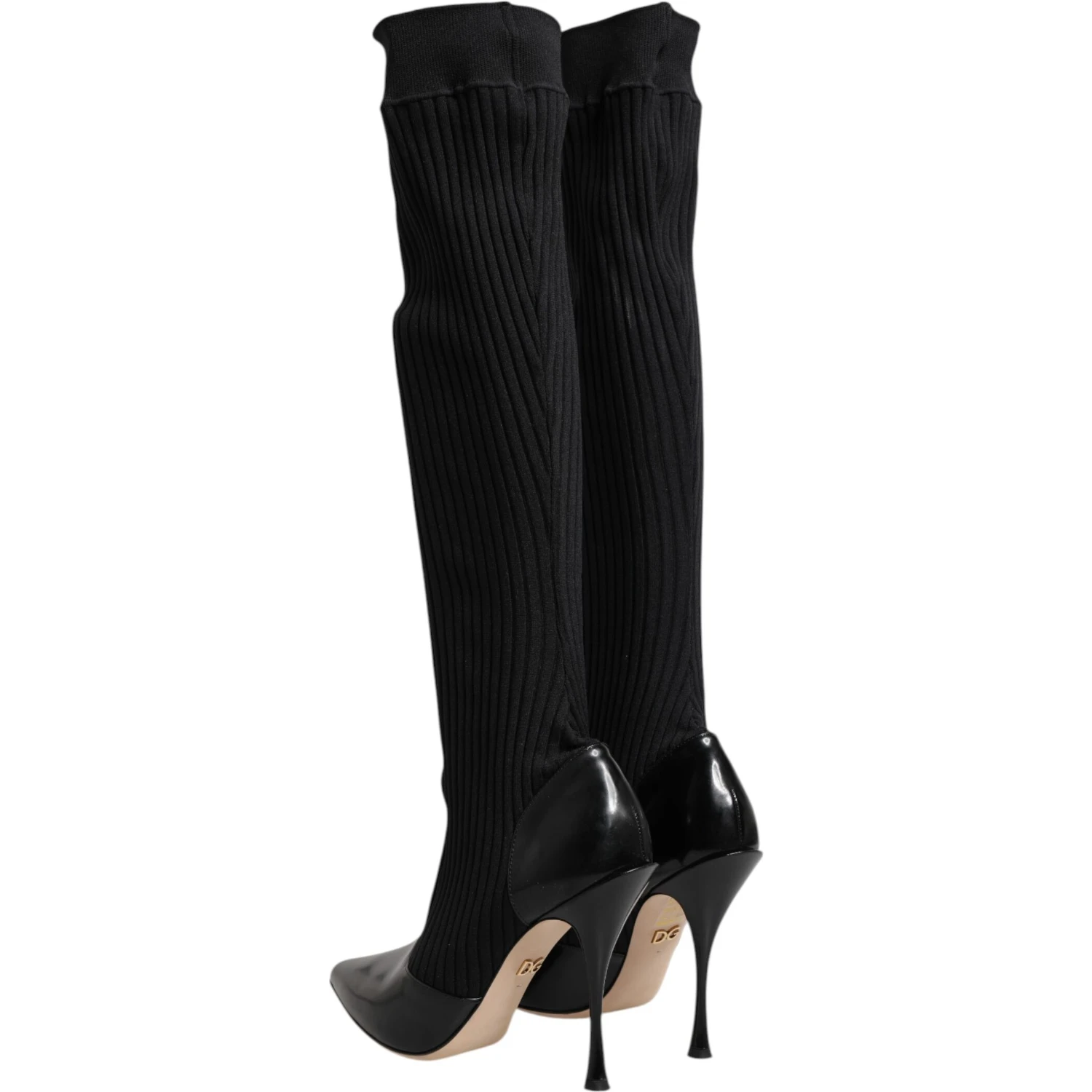 Black Leather Ribbed Knit Knee Boots Shoes