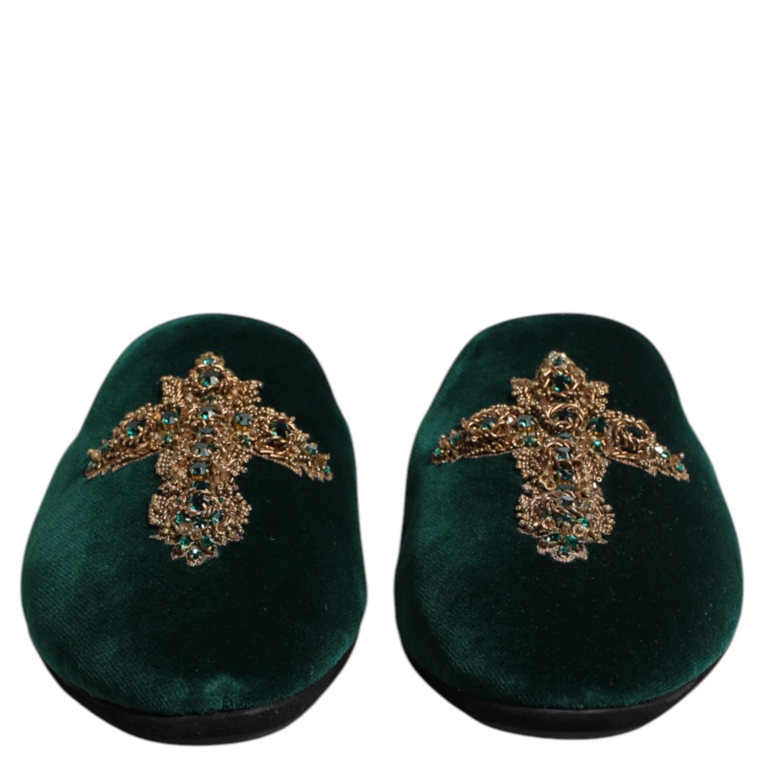 Green Velvet Cross Embellished Slippers Shoes