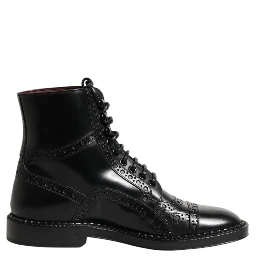 Black Leather Lace Up Mid Calf Boots Shoes