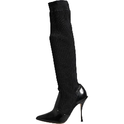 Black Leather Ribbed Knit Knee Boots Shoes