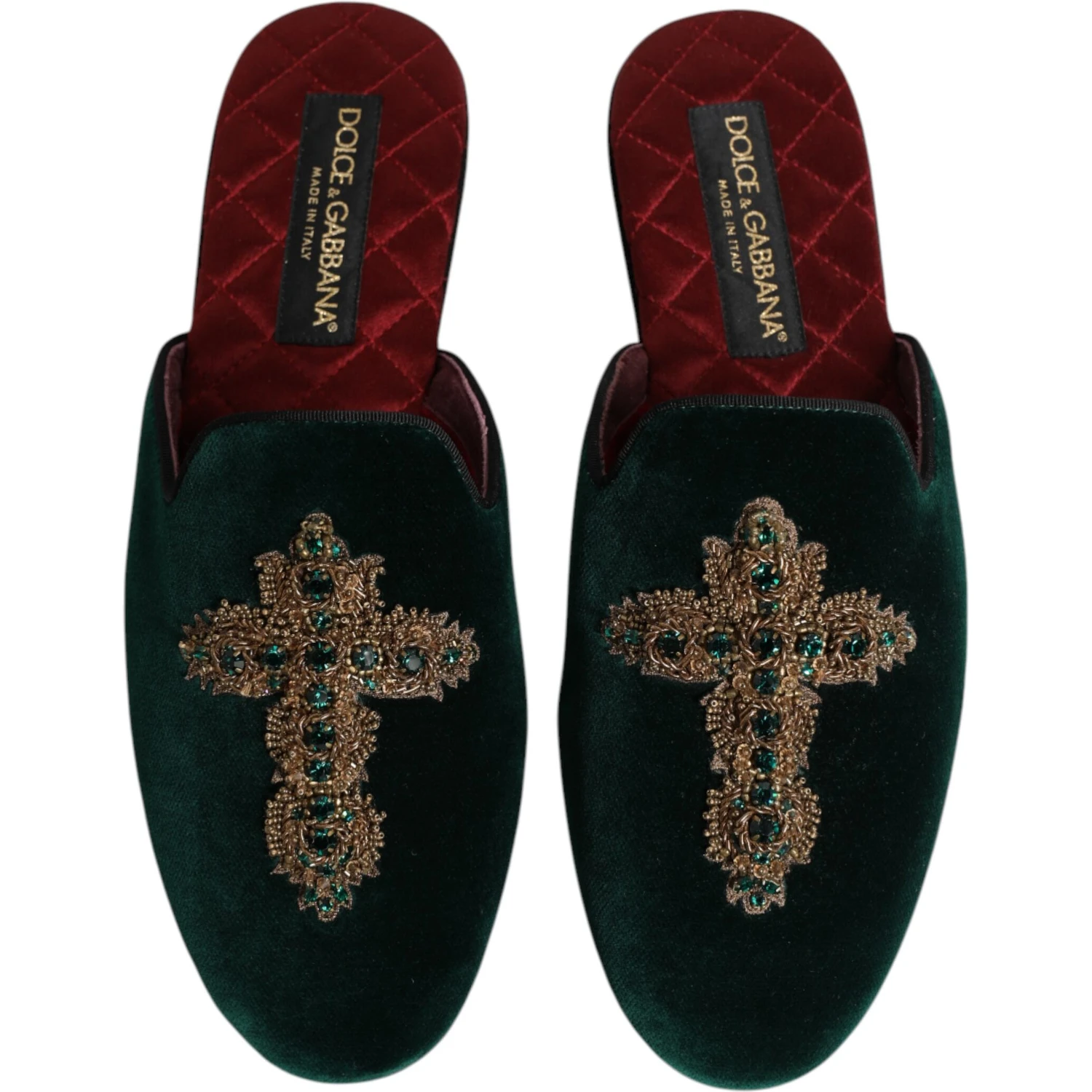 Green Velvet Cross Embellished Slippers Shoes