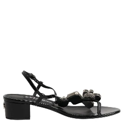 Black Leather Crystal Ankle Strap Sandals Shoes