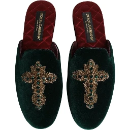 Green Velvet Cross Embellished Slippers Shoes