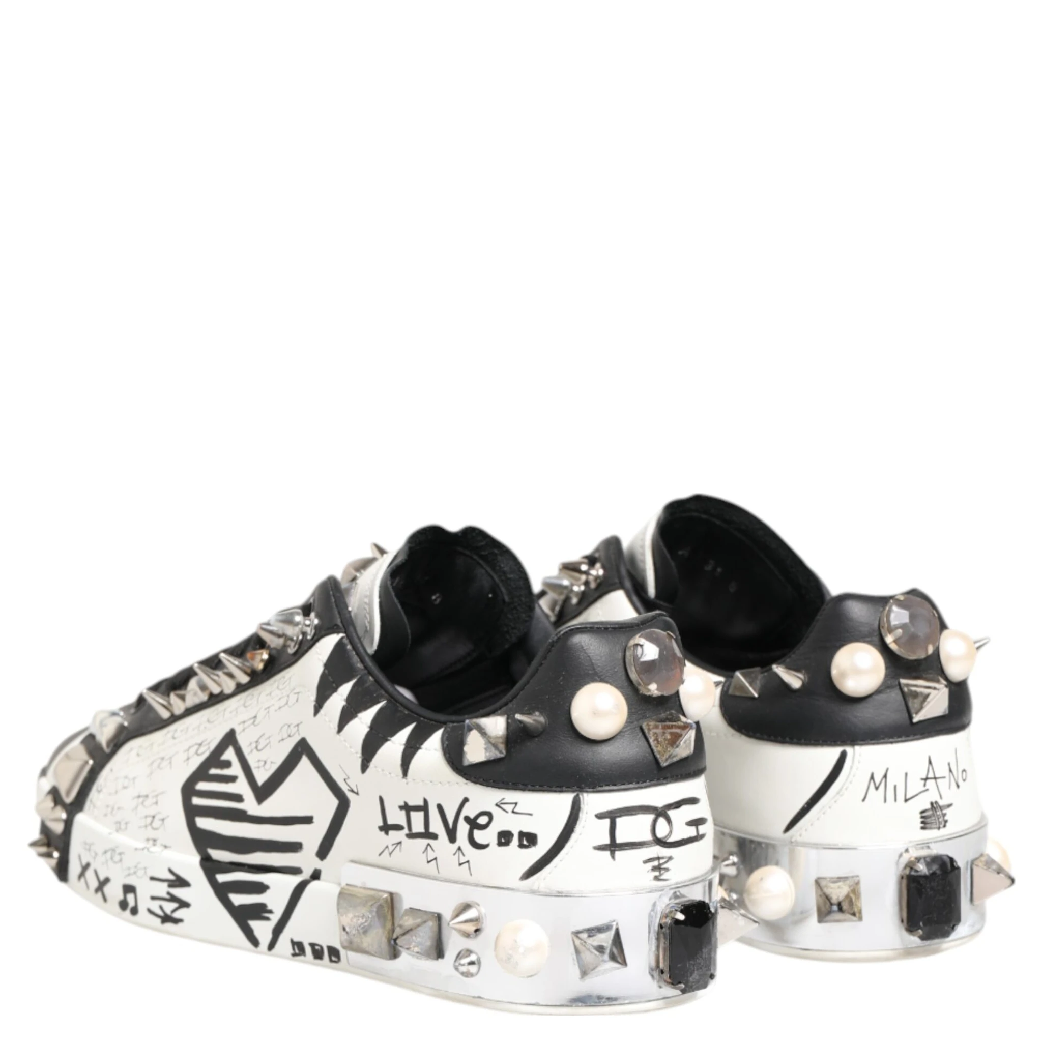 White Studded Printed Low Top Sneakers Shoes