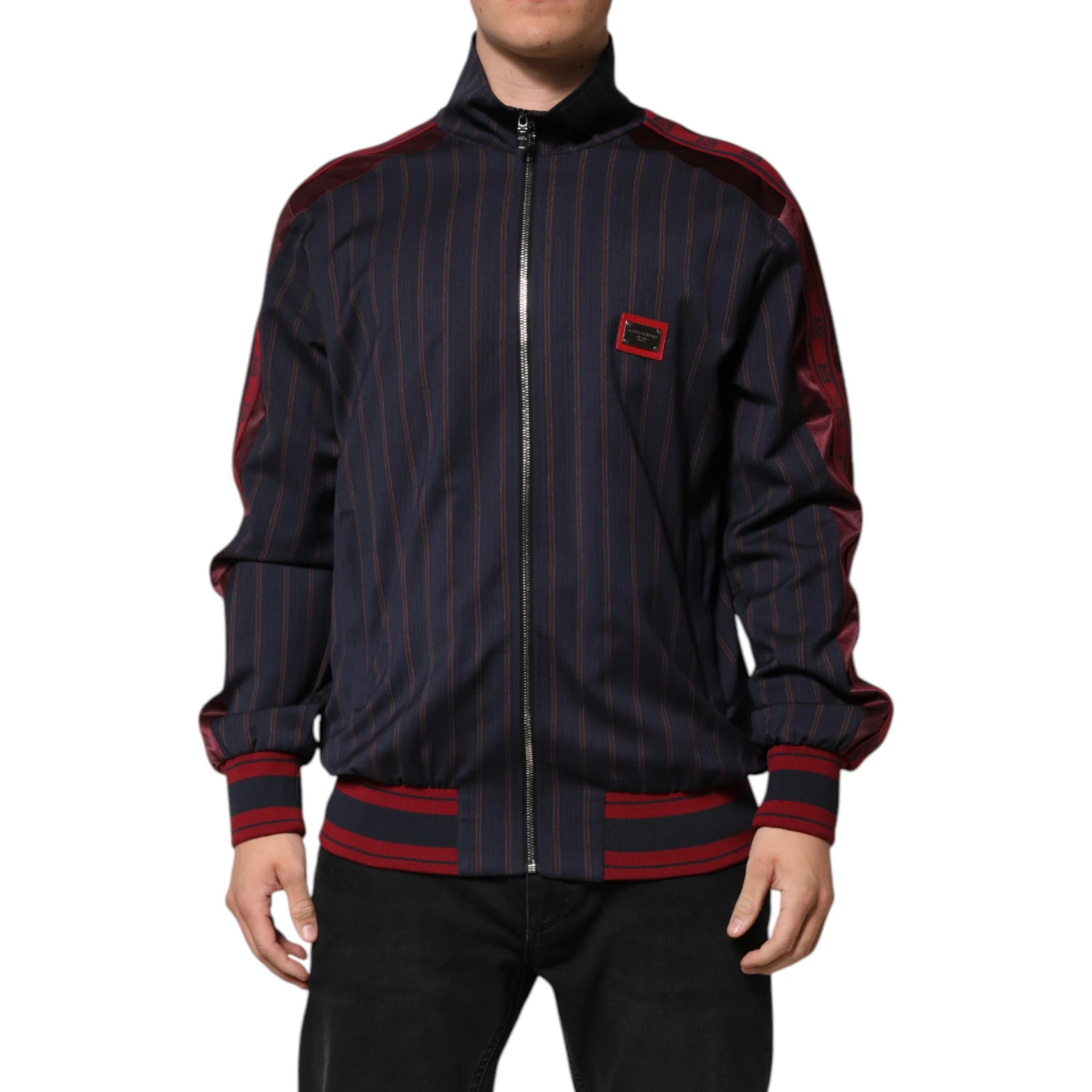 Blue Red Striped Logo Plaque Full Zip Jacket