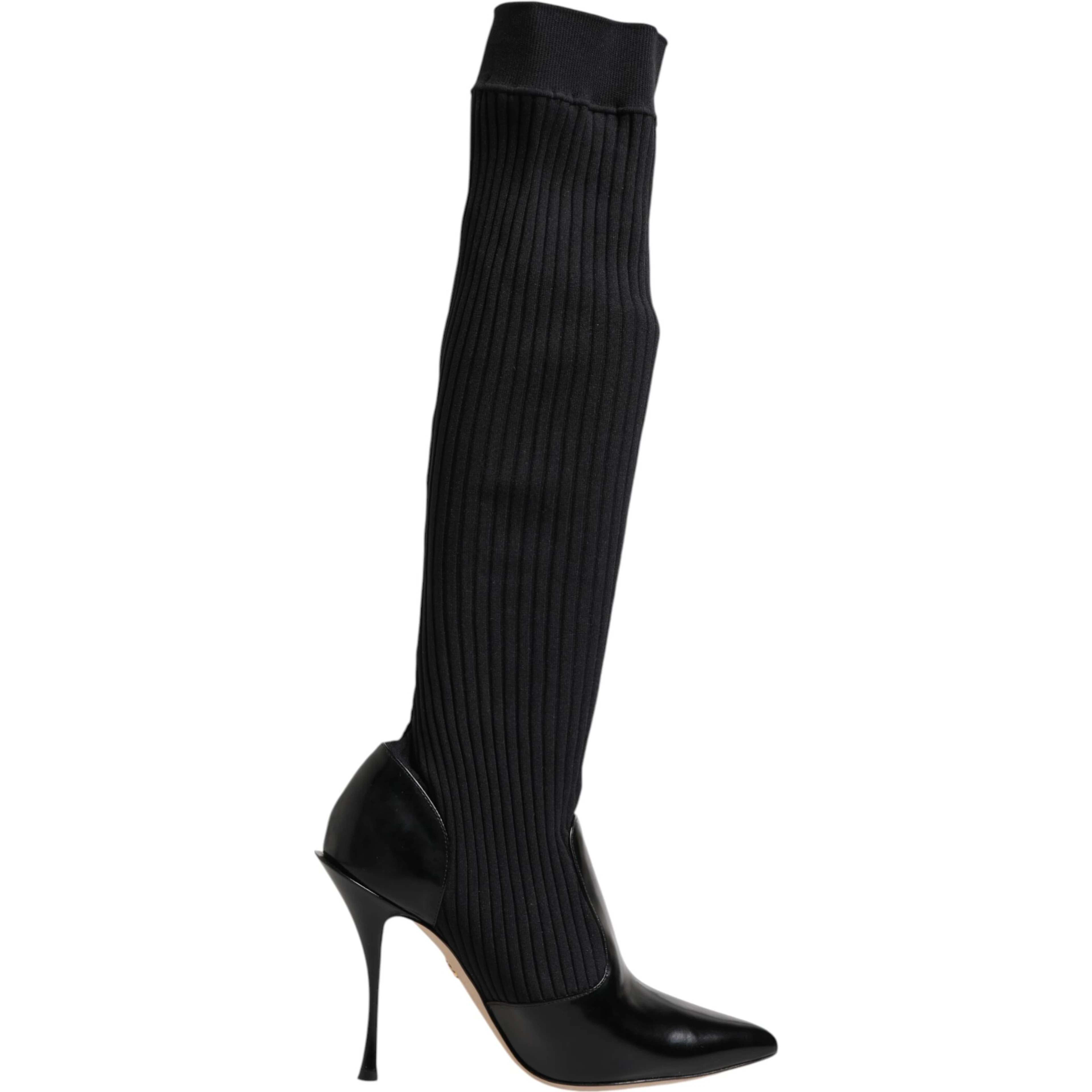 Black Leather Ribbed Knit Knee Boots Shoes