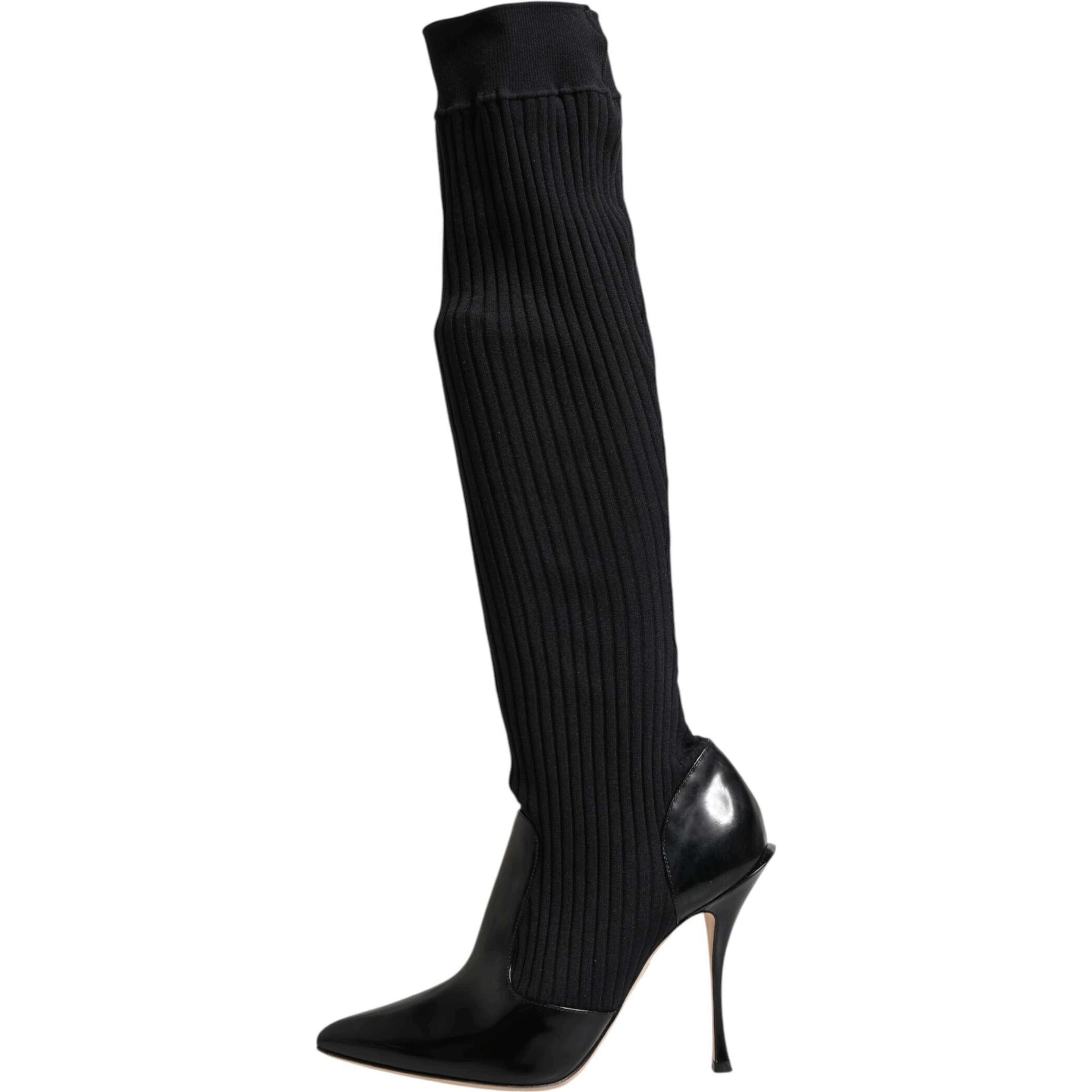 Black Leather Ribbed Knit Knee Boots Shoes
