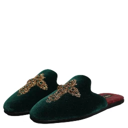 Green Velvet Cross Embellished Slippers Shoes